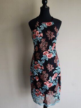 Guess Embroidered Floral Mesh Sleeveless Cage Back Dress Size 8